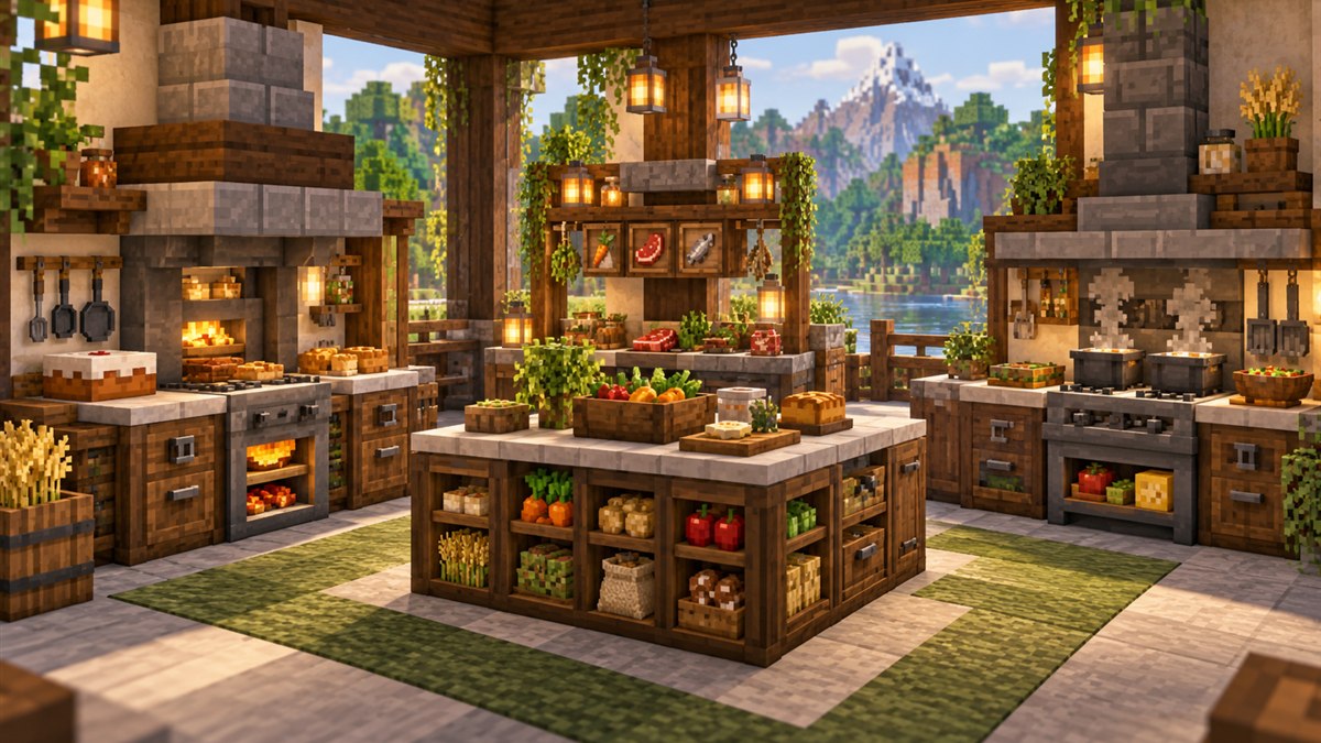 Three connected voxel cooking workstations sharing central ingredient storage