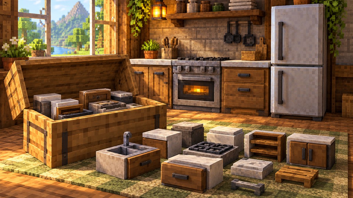 Unpacked crate of modular kitchen blocks beside an oven and fridge, illustrating kitchen installation