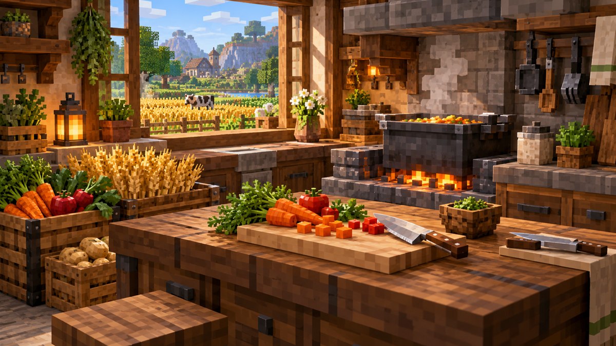 Rustic voxel farm kitchen with a cooking pot, cutting board, wheat and freshly harvested vegetables