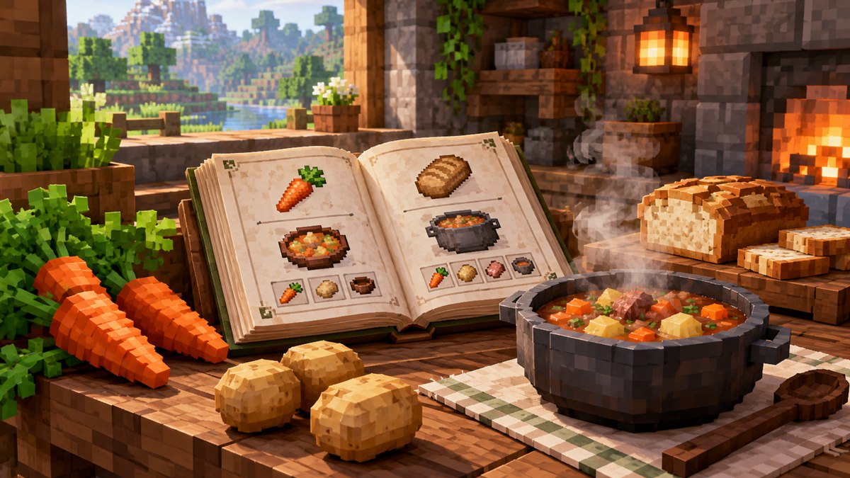 Illustrated recipe book surrounded by voxel carrots, potatoes, bread and steaming stew