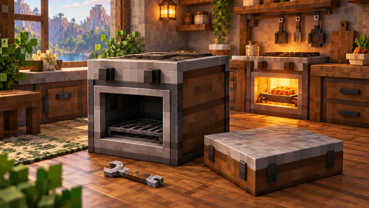 Unlit voxel oven with a wrench and detached counter beside a working glowing oven
