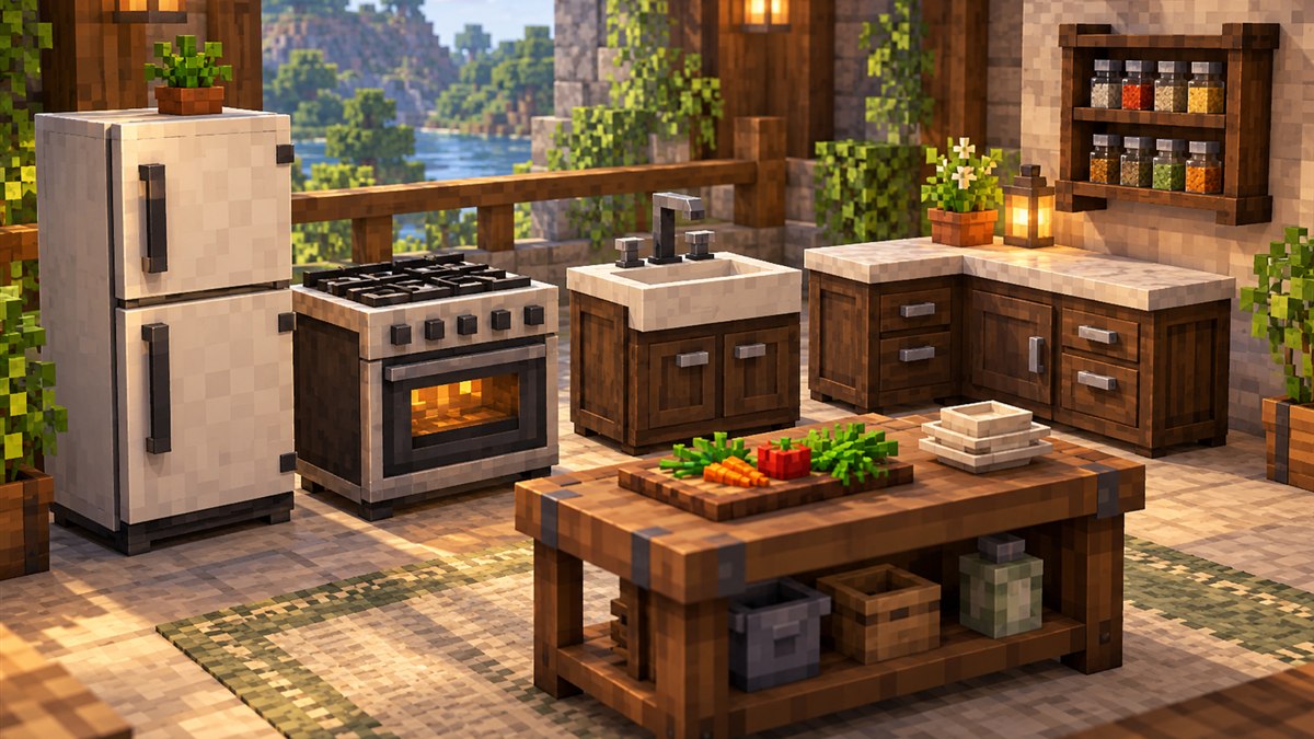 Voxel display of a refrigerator, oven, sink, corner counter, spice rack and cooking table