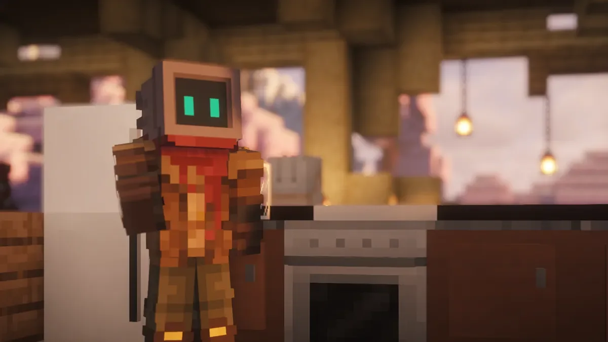 Minecraft kitchen interior with character and Cooking for Blockheads style blocks